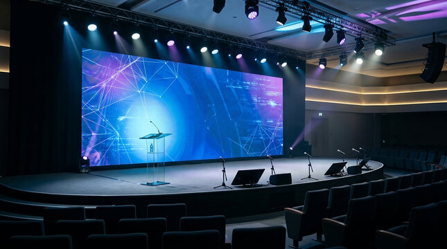 Professional Conference Stage With Large LED Video Wall Modern Auditorium Presentation Setup Advanced Event Lighting Audio Equipment And Business Seminar Venue
