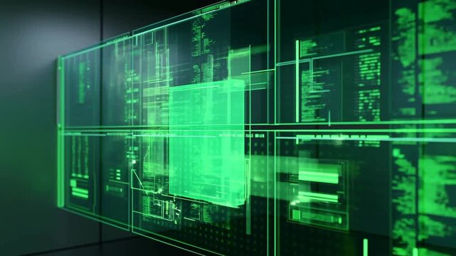 Tracking pan shot of holographic interface panels shifting and animating in dark control room with green data visualization displays