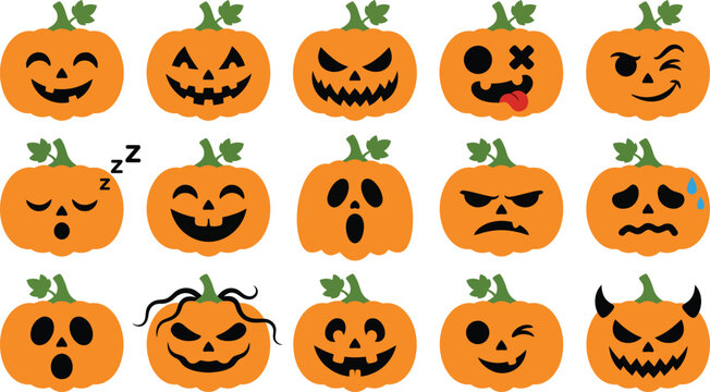 Halloween pumpkin faces collection diverse jack o' lantern expressions for seasonal designs