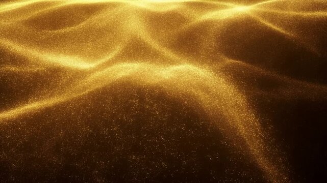 Slow motion tracking shot of golden particles flowing and rippling like sand over dark abstract background in studio setting