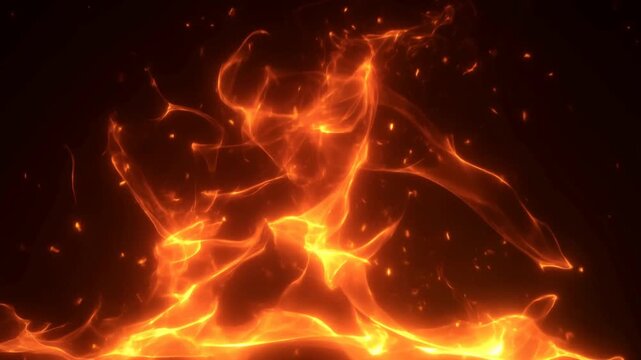 Slow motion pan tracking zoom of glowing flames dancing and rising with sparks and embers over dark studio background void, abstract combustion motion