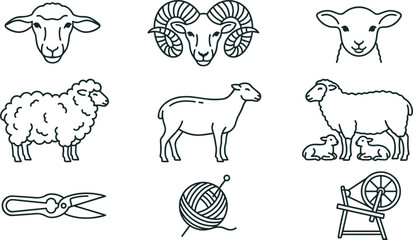 Sheep and Wool Production Line Icon Set Featuring Ram Lamb Ewe Shearing Scissors Yarn Ball and Spinning Wheel for Textile Industry Designs © MstSuborna
