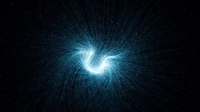 Slow motion tracking shot of swirling particle vortex rotating and radiating in dark cosmic space background