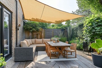 Fototapeta premium Cozy shaded backyard patio with beige shade sail, wooden dining table and chairs, wicker sectional sofa with cushions, potted plants, wood decking and privacy fence, inviting relaxed atmosphere
