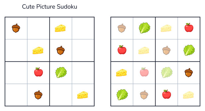 Cute picture sudoku puzzle with food icons on white background