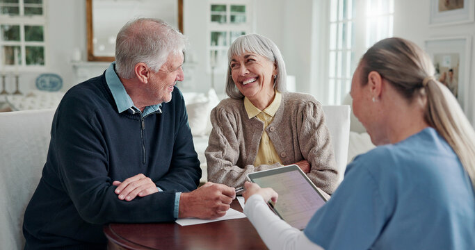 Happy, old couple and caregiver in home with tablet, form and report for medical results. Nurse, senior people or checkup in living room with digital, application and information for health insurance