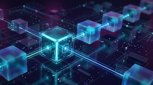 Digital blockchain network with glowing neon cubes and data streams