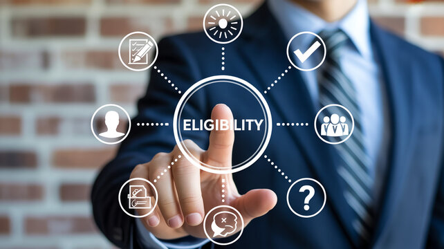 Businessman interacting with eligibility icons on a digital interface