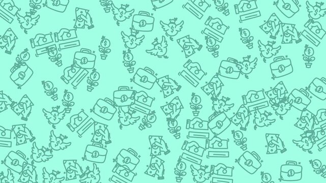 Mint background with pattern of repeated icons like briefcases, money bills, flying bird symbols. Suitable for business presentations, financial websites.