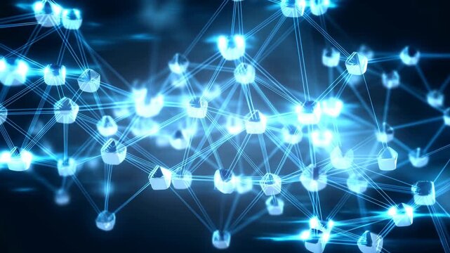 Slow motion tracking shot of glowing network nodes connecting and pulsing in dark digital cyberspace background