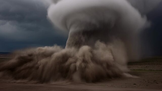 Tracking slow motion shot of dust tornado vortex kicking up sand across barren plain under stormy clouds