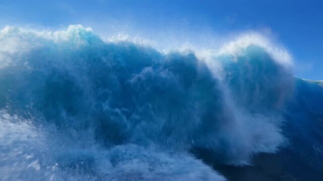 Tracking shot of ocean waves rising and breaking in open sea with frothy surf and spray under clear blue sky during bright daytime