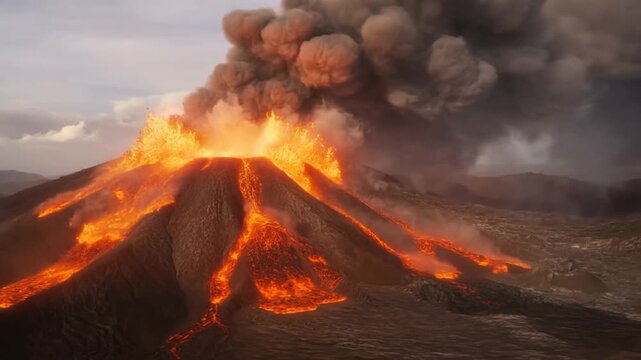 Aerial tracking shot of volcanic eruption with lava flows and glowing crater amid barren volcanic landscape at dusk