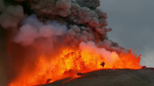 Slow motion static zoom view of volcanic eruption ejecting glowing lava and rocks from crater rim in overcast landscape