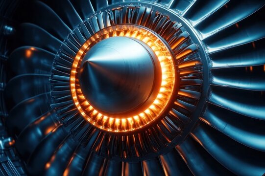 close-up of glowing jet engine turbine with metallic radial fan blades and central spinner conveying powerful futuristic intensity