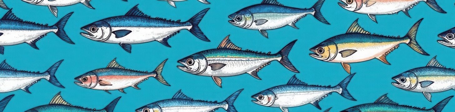 Hand-drawn ocean fish seamless pattern Blue background, anchovies, herring, tuna, dorado, mackerel, sea bass, salmon sketches , wildlife, nature