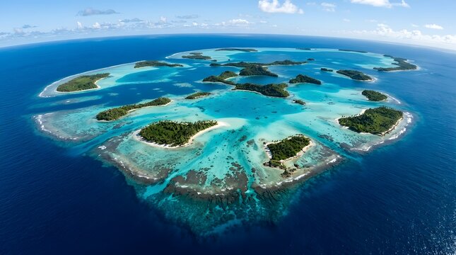 Tropical Coral Atoll with Turquoise Lagoons in the Deep Blue Ocean