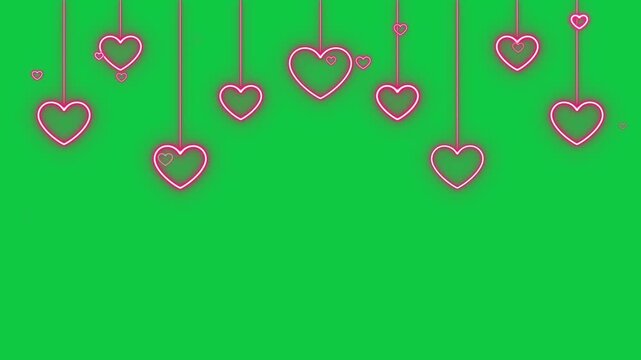 valentines day neon lights hearts and glitter shiny strings isolated green screen animation,chroma key valentine love romantic red social media motion design element