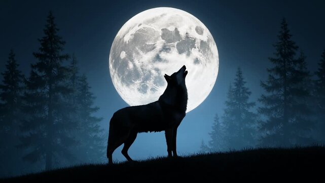 Silhouette of a wolf howling at the giant full moon in a dark pine forest at night