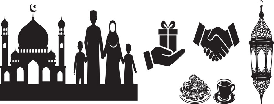 Eid Mubarak Islamic family celebration silhouette vector illustration, mosque, Ramadan symbols, charity, friendship, black isolated design on white background