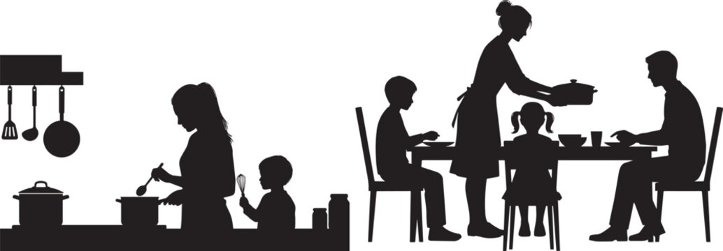 Family cooking and dining together silhouette vector illustration, home kitchen, shared meal, parenting, domestic life, black isolated design on white background