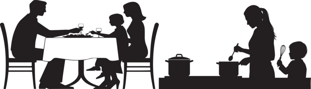 Family dining and cooking silhouette vector illustration, home kitchen, shared meals, parenting lifestyle, domestic routine, black isolated design on white background