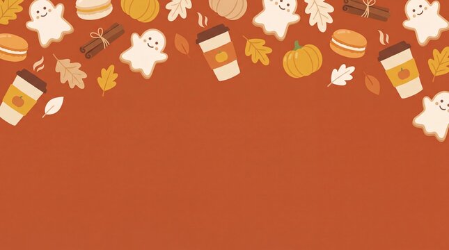 Horizontal autumn presentation background featuring a top border of ghost cookies, coffee, and leaves with orange copy space.
