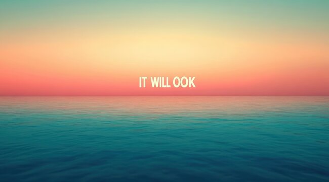 calm turquoise sea under a pastel gradient sunset sky with centered white text reading IT WILL OOK, evoking peaceful hopeful serenity
