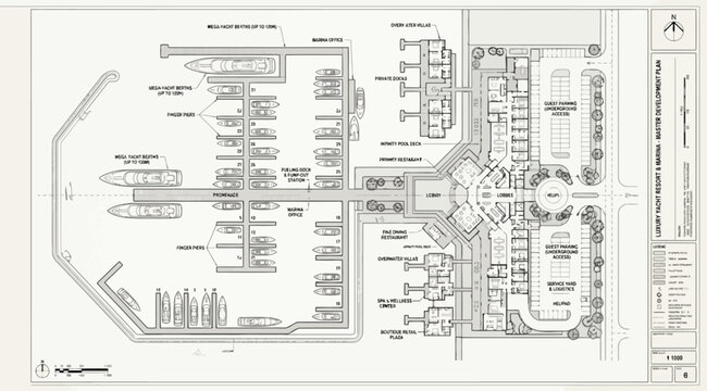 Architectural site plan of a modern marina development with boat slips and waterfront facilities