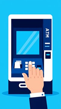 Hand interacting with digital ATM machine screen interface.