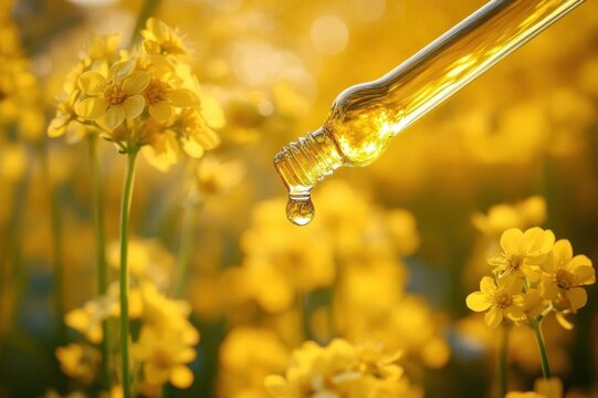 glass dropper releasing a golden oil droplet over sunlit yellow flower blooms, warm serene and uplifting mood