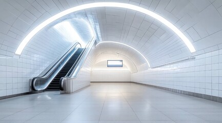 Obraz premium empty white tiled underground station corridor with escalator, arched illuminated ceiling and curved led lighting, minimalist serene futuristic atmosphere