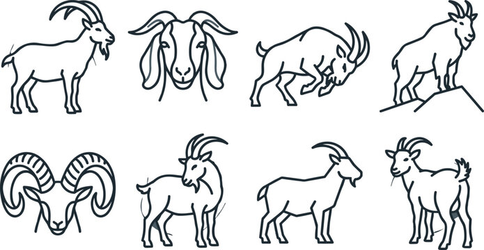 Mountain Goat Line Icon Set with Wild Caprine Outline Collection for Alpine Wildlife, Farm Animals, Nature, and Outdoor Adventure Design Projects