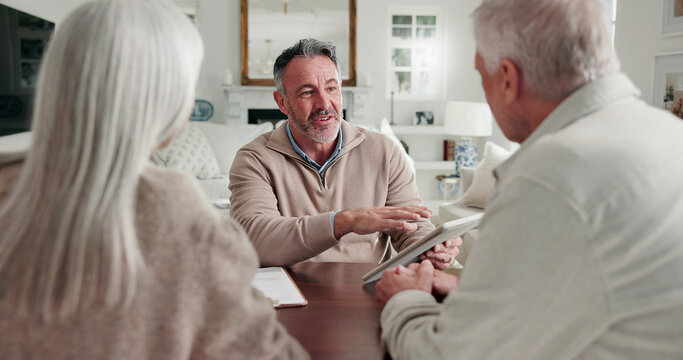 Financial advisor, tablet and old couple in home, insurance benefits and annuity planning. Man, woman and consulting with tech for pension fund, retirement coverage and help with asset management