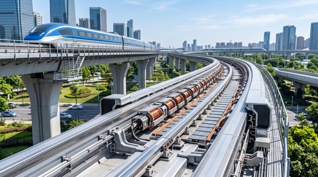 Modern maglev train moves along elevated track through city skyline