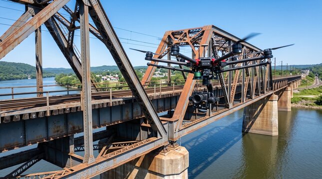 Professional industrial drone inspecting steel truss railway bridge