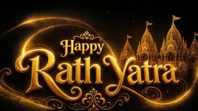 Happy Rath Yatra Text Overlay on Temple Silhouette Background. 4K Video