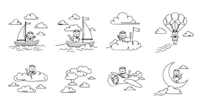 Cute Cat Adventures: Sailing, Flying, Skydiving, and Moon Travel - Line Art Collection
