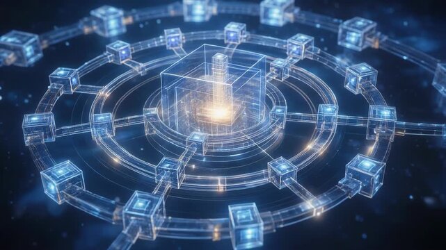 Futuristic 3D blockchain network with interconnected transparent cubes
