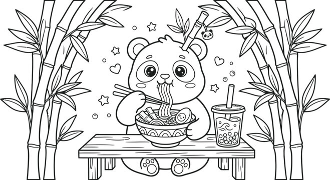 Cute Panda Eating Ramen and Bubble Tea Line Art