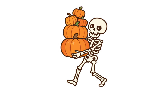 Cute skeleton walking while carrying a large stack of pumpkins