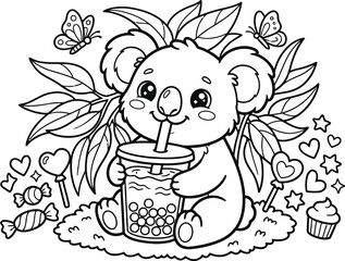 Cute Koala Bear Drinking Boba Tea Coloring Page © Tabassum