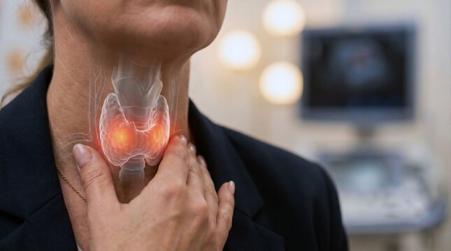 Woman Touching Neck with Highlighted Thyroid Gland, Thyroid Disorder and Endocrine Health Concept