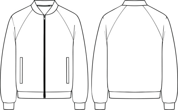 Men's Minimalist Bomber Jacket Technical Flat Sketch Front and Back Apparel Design Template