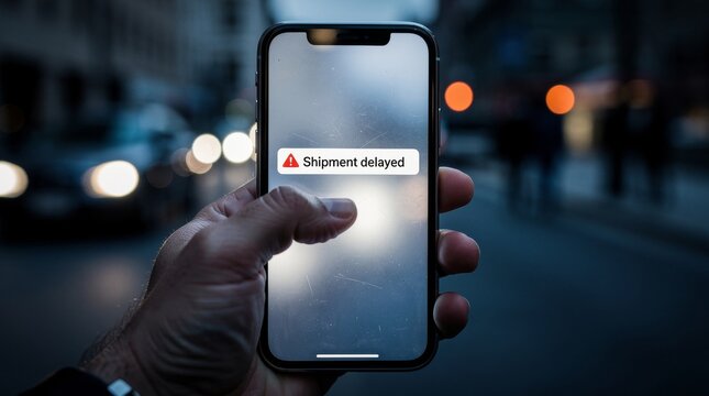 Hand holding phone displaying shipment delayed notification