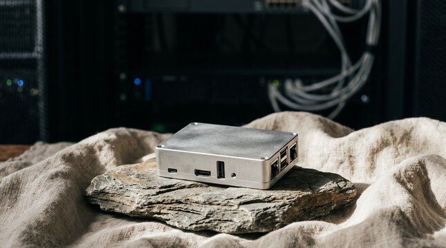 Compact mini PC server with multiple network ports in modern data center environment.