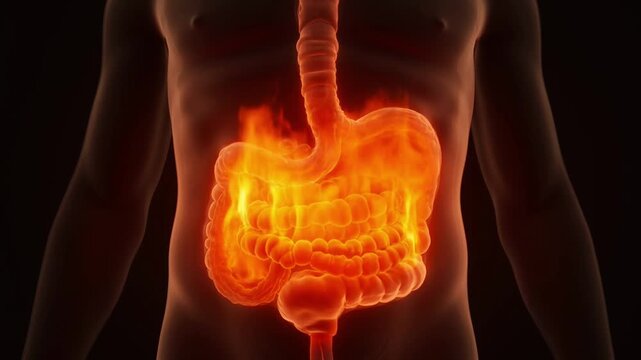 Medical Illustration of Burning Sensation in Human Digestive System and Stomach Heartburn