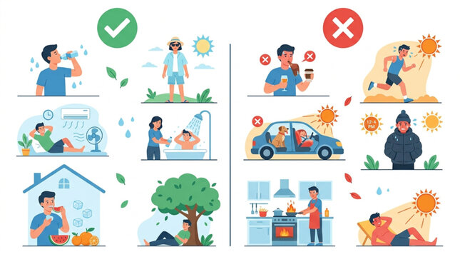 Vector illustration comparing safe summer activities like staying hydrated and cool indoors with risky behaviors such as extreme sun exposure and overheating in hot weather