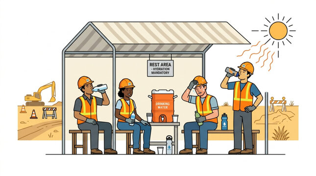Construction workers in hard hats and vests take a break under a shaded rest area, drinking water and wiping sweat on a hot sunny day