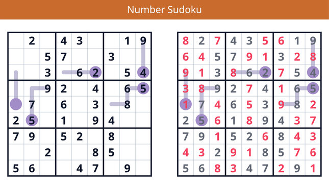 Number sudoku puzzle with solution on white background
